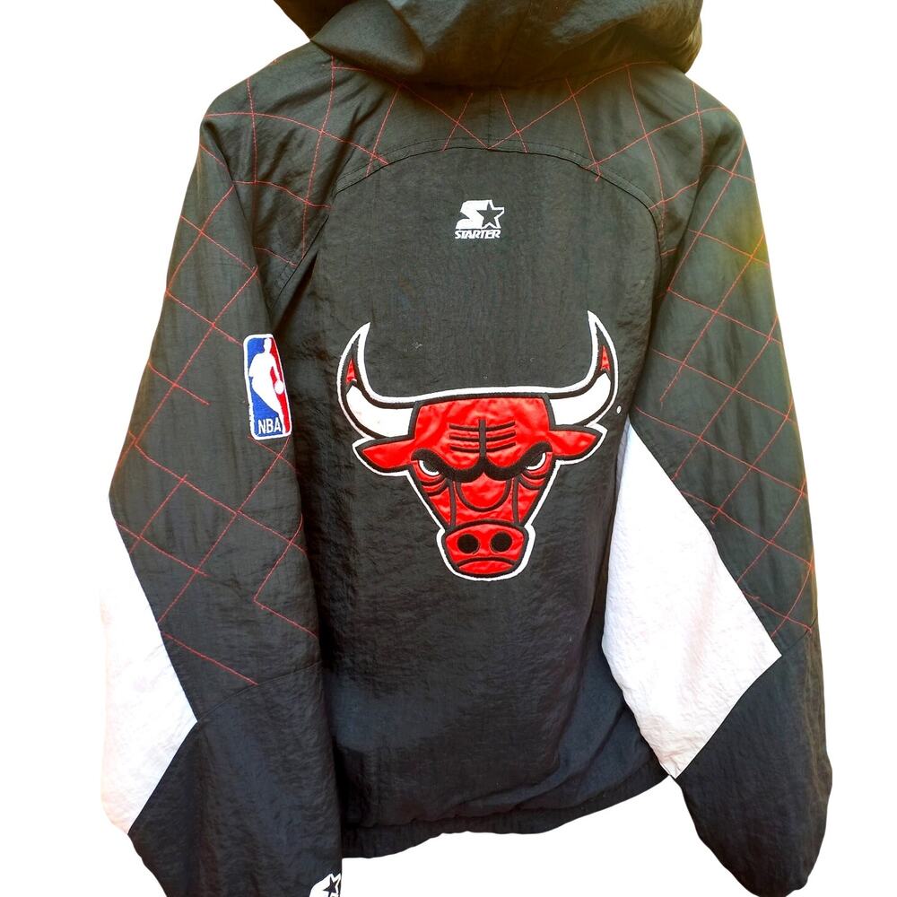 Chicago Bulls 90s STARTER puffer jacket L red Quilt black Jordan NBA vintage